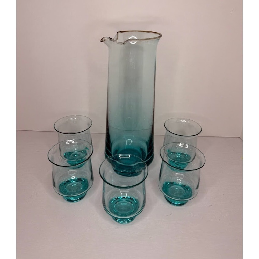 VTG 6 Pc Hand Blown Aqua Blue Pitcher & Glass‎ Set Very Delicate Glassware